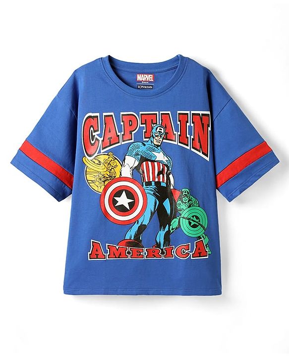 Pine Kids Marvel Single Jersey Knit Half Sleeves Drop Shoulder Cut & Sew Short Sets With Avengers Graphic - Red & Blue