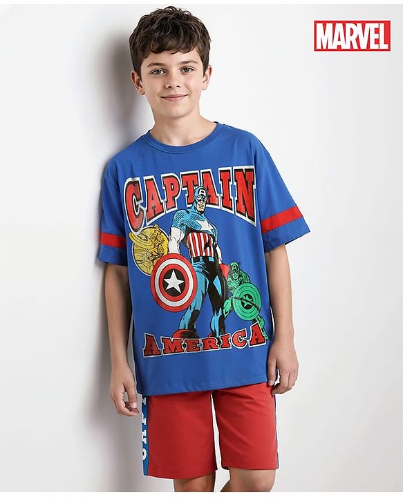 Pine Kids Marvel Single Jersey Knit Half Sleeves Drop Shoulder Cut & Sew Short Sets With Avengers Graphic - Red & Blue