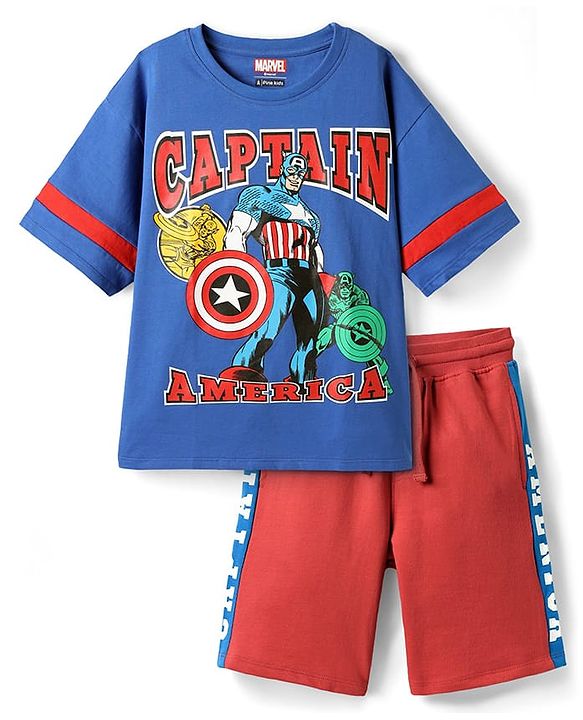 Pine Kids Marvel Single Jersey Knit Half Sleeves Drop Shoulder Cut & Sew Short Sets With Avengers Graphic - Red & Blue