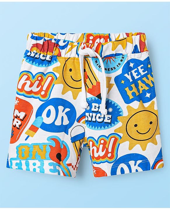 Babyhug Single Jersey Knit Half Sleeves Shirts and Shorts Co-Ord Set with Animal & Text Print - White & Blue