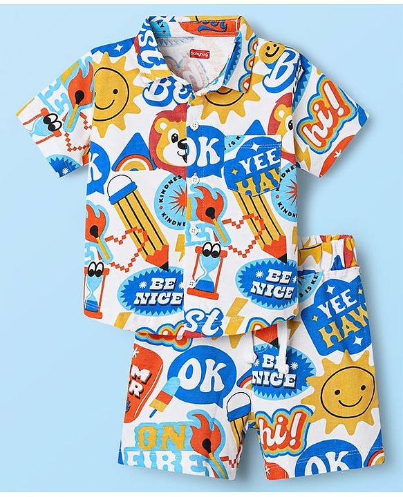 Babyhug Single Jersey Knit Half Sleeves Shirts and Shorts Co-Ord Set with Animal & Text Print - White & Blue
