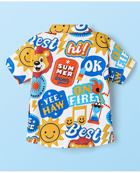 Babyhug Single Jersey Knit Half Sleeves Shirts and Shorts Co-Ord Set with Animal & Text Print - White & Blue