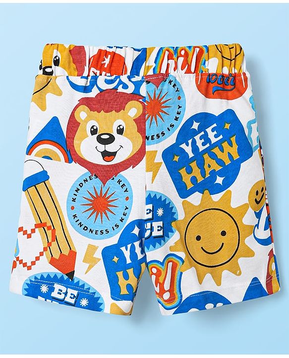 Babyhug Single Jersey Knit Half Sleeves Shirts and Shorts Co-Ord Set with Animal & Text Print - White & Blue