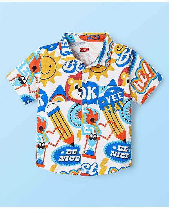 Babyhug Single Jersey Knit Half Sleeves Shirts and Shorts Co-Ord Set with Animal & Text Print - White & Blue