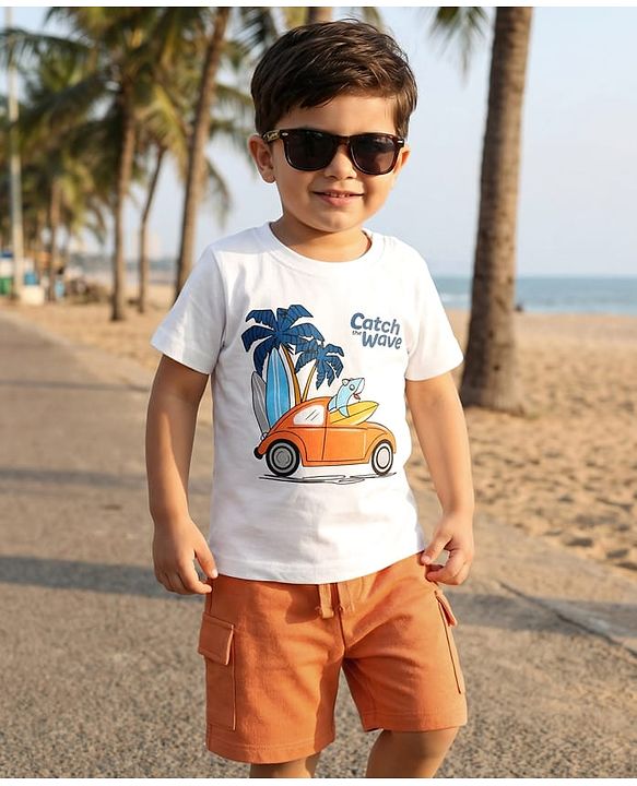 Babyhug Single Jersey Knit Half Sleeves T-Shirt & Shorts Set with Vehicle Print - White & Orange