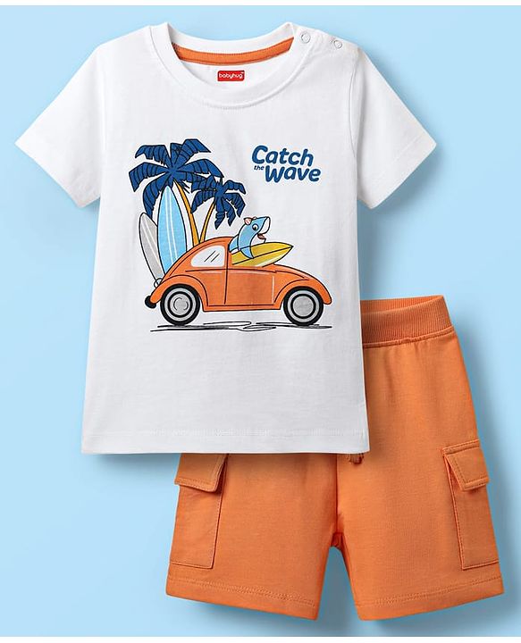 Babyhug Single Jersey Knit Half Sleeves T-Shirt & Shorts Set with Vehicle Print - White & Orange