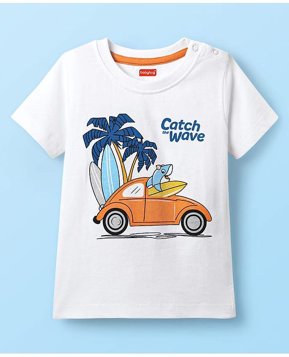 Babyhug Single Jersey Knit Half Sleeves T-Shirt & Shorts Set with Vehicle Print - White & Orange