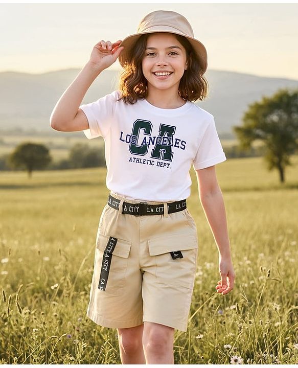 Pine Kids Single Jersey Knit Half Sleeves T-Shirt & Shorts Set with Text Print & Belt - White & Olive Green