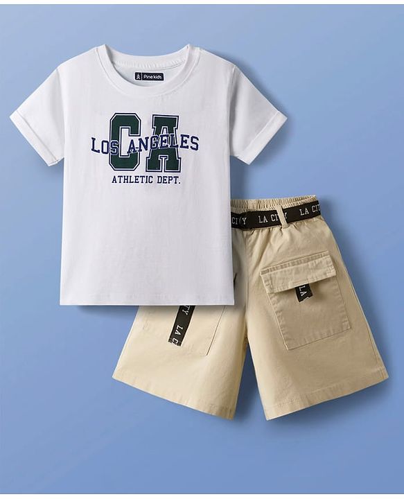 Pine Kids Single Jersey Knit Half Sleeves T-Shirt & Shorts Set with Text Print & Belt - White & Olive Green