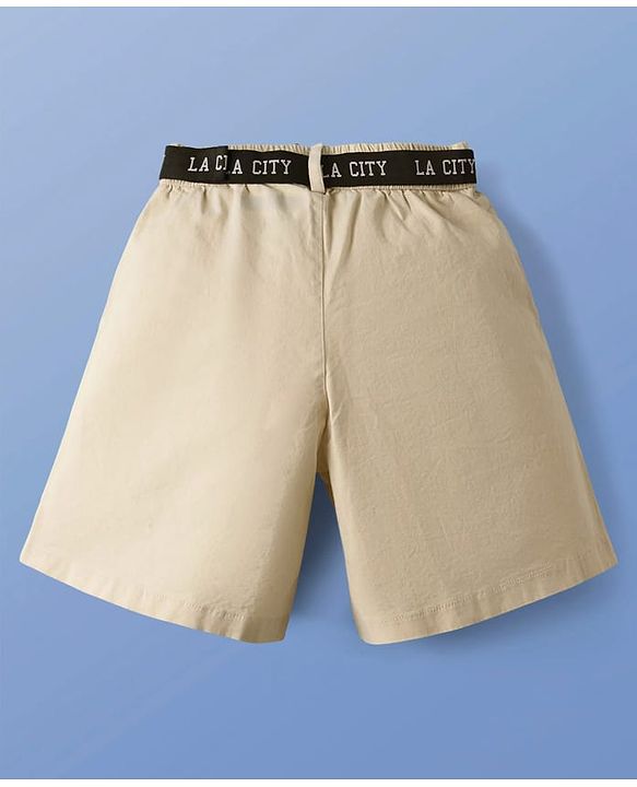 Pine Kids Single Jersey Knit Half Sleeves T-Shirt & Shorts Set with Text Print & Belt - White & Olive Green