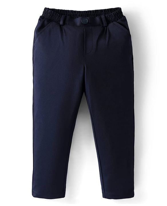 Babyhug Knit Full Sleeves Solid Color 3 Piece Party Suit with Bow - Navy Blue & White