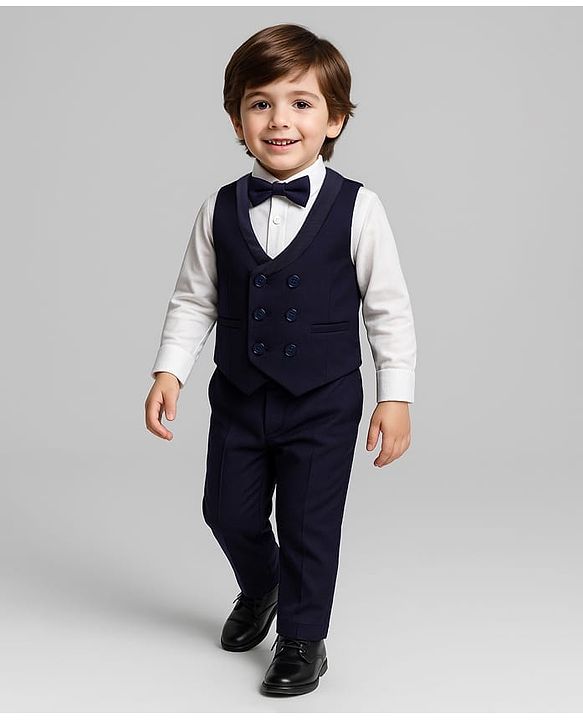 Babyhug Knit Full Sleeves Solid Color 3 Piece Party Suit with Bow - Navy Blue & White