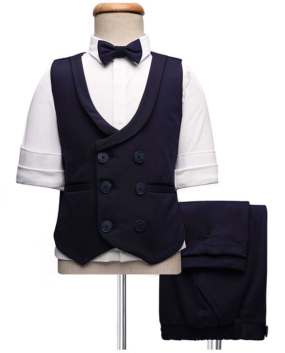 Babyhug Knit Full Sleeves Solid Color 3 Piece Party Suit with Bow - Navy Blue & White