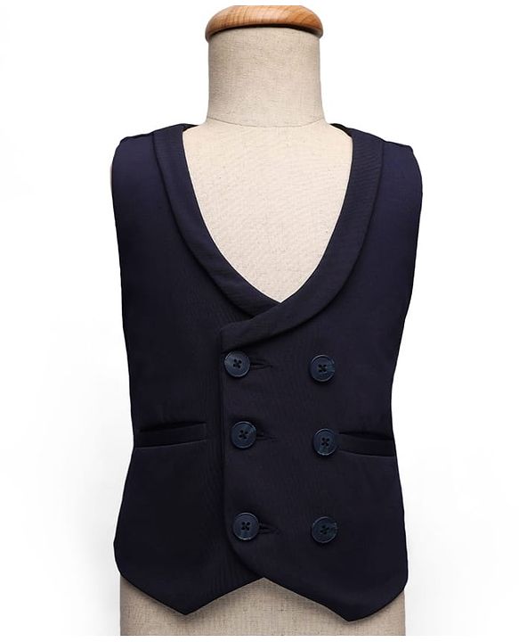 Babyhug Knit Full Sleeves Solid Color 3 Piece Party Suit with Bow - Navy Blue & White