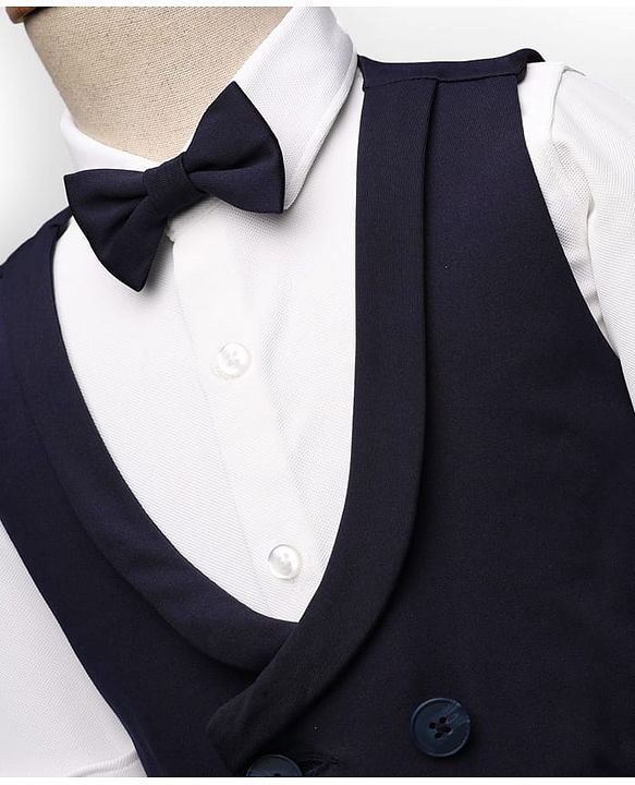 Babyhug Knit Full Sleeves Solid Color 3 Piece Party Suit with Bow - Navy Blue & White