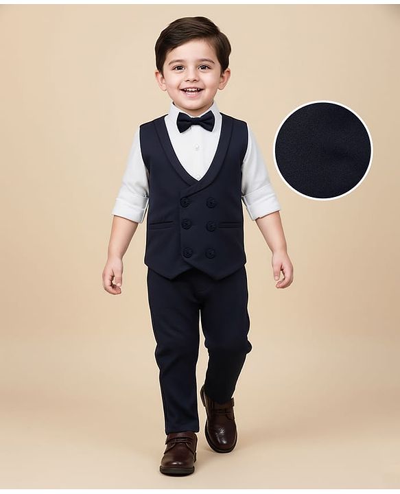 Babyhug Knit Full Sleeves 3 Piece Soild Color Party Suit - Navy Blue & White