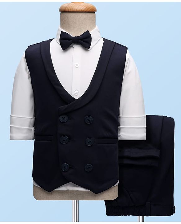 Babyhug Knit Full Sleeves 3 Piece Soild Color Party Suit - Navy Blue & White
