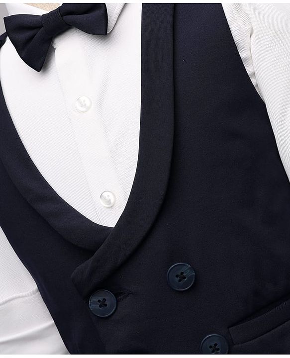 Babyhug Knit Full Sleeves 3 Piece Soild Color Party Suit - Navy Blue & White