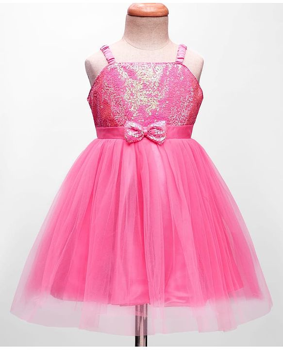 Babyhug Woven Sleeveless Mesh Party Dress With Sequinned Yoke & Bow Applique - Pink