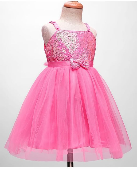 Babyhug Woven Sleeveless Mesh Party Dress With Sequinned Yoke & Bow Applique - Pink