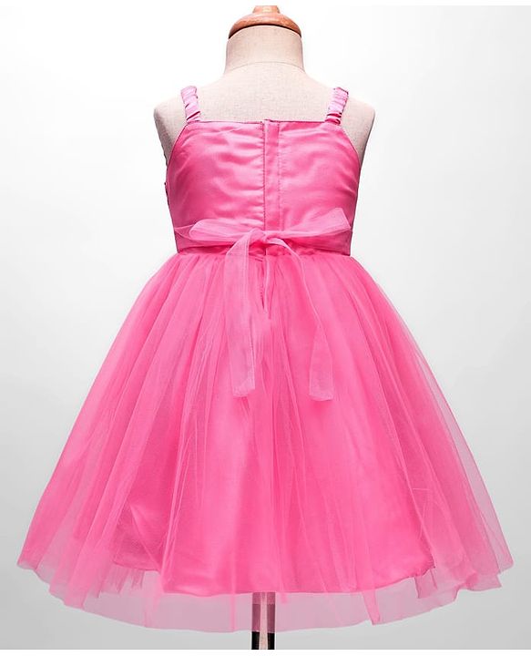 Babyhug Woven Sleeveless Mesh Party Dress With Sequinned Yoke & Bow Applique - Pink