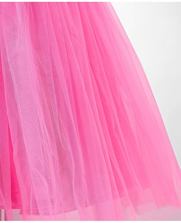 Babyhug Woven Sleeveless Mesh Party Dress With Sequinned Yoke & Bow Applique - Pink