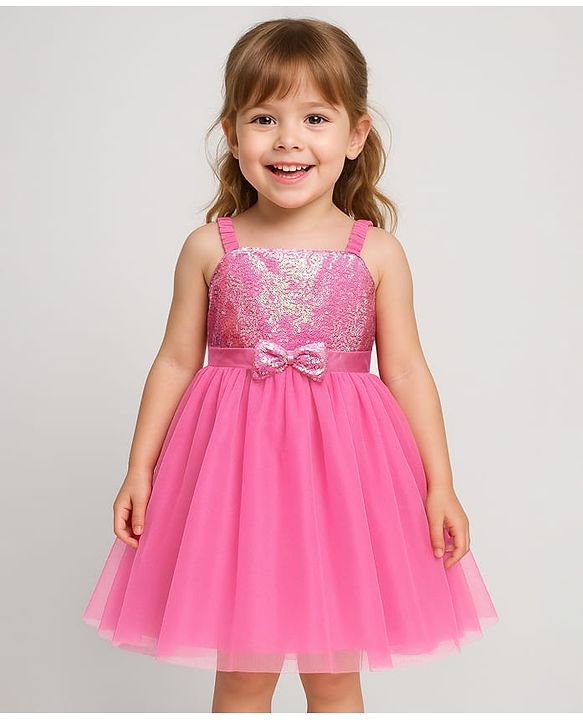 Babyhug Woven Sleeveless Mesh Party Dress With Sequinned Yoke & Bow Applique - Pink