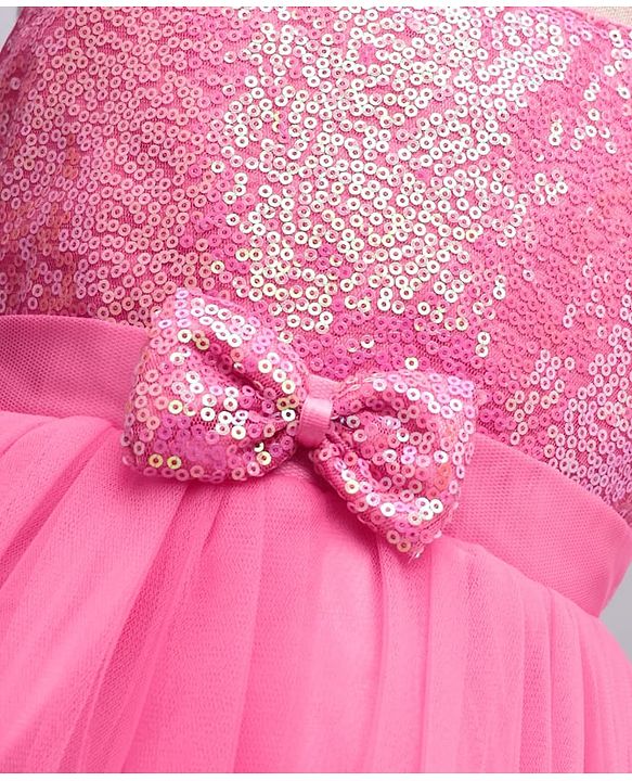 Babyhug Woven Sleeveless Mesh Party Dress With Sequinned Yoke & Bow Applique - Pink