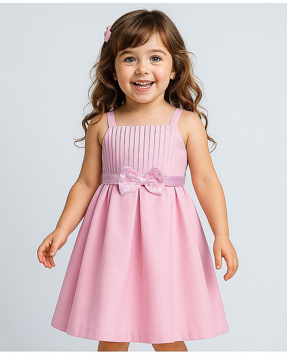 Babyhug Woven Sleeveless Pleated Party Dress With Bow Applique - Pink