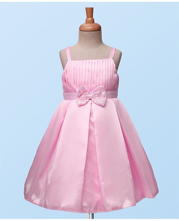 Babyhug Woven Sleeveless Pleated Party Dress With Bow Applique - Pink