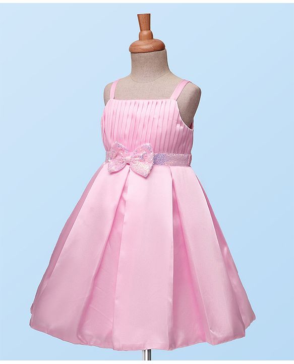Babyhug Woven Sleeveless Pleated Party Dress With Bow Applique - Pink