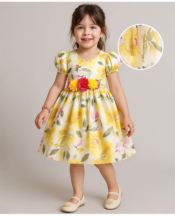 Babyhug Woven Half Sleeves Party Dress With Floral Print & Applique - White
