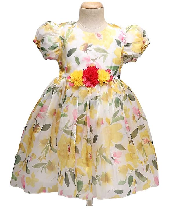 Babyhug Woven Half Sleeves Party Dress With Floral Print & Applique - White