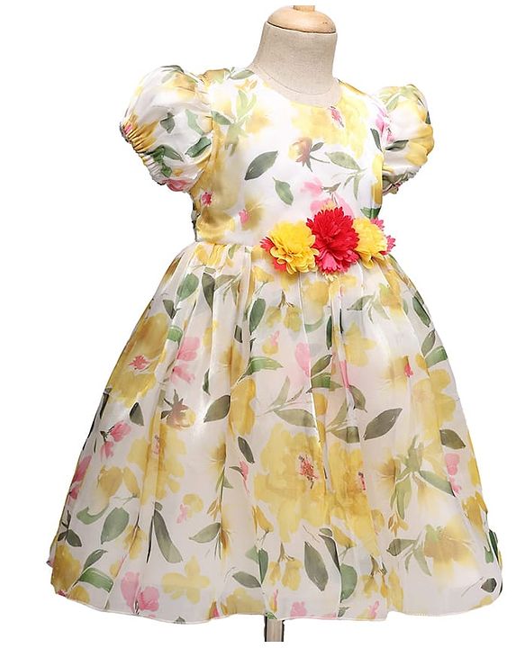 Babyhug Woven Half Sleeves Party Dress With Floral Print & Applique - White