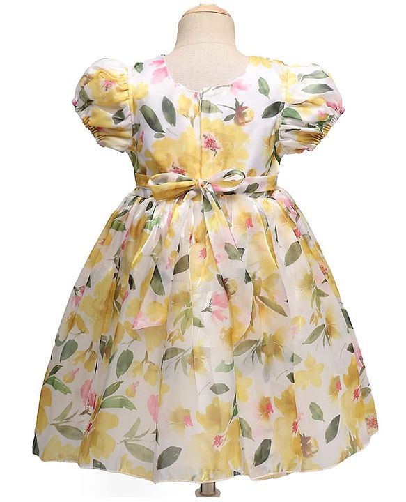 Babyhug Woven Half Sleeves Party Dress With Floral Print & Applique - White
