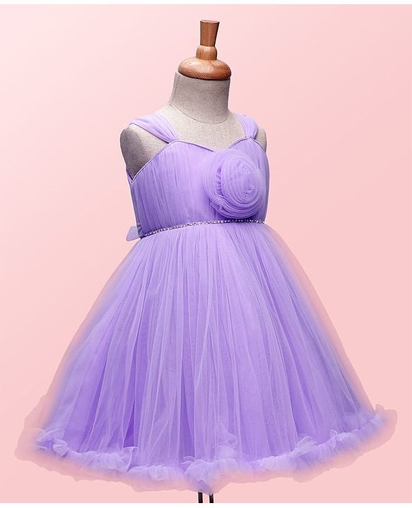 Babyhug Woven Sleeveless Solid Ruffled Mesh Party Dress With Floral Corsage - Lavender