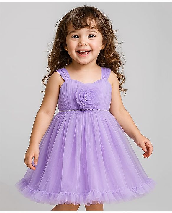 Babyhug Woven Sleeveless Solid Ruffled Mesh Party Dress With Floral Corsage - Lavender