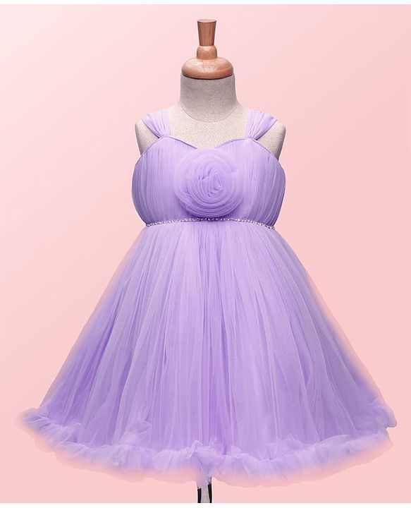 Babyhug Woven Sleeveless Solid Ruffled Mesh Party Dress With Floral Corsage - Lavender