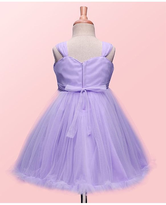Babyhug Woven Sleeveless Solid Ruffled Mesh Party Dress With Floral Corsage - Lavender