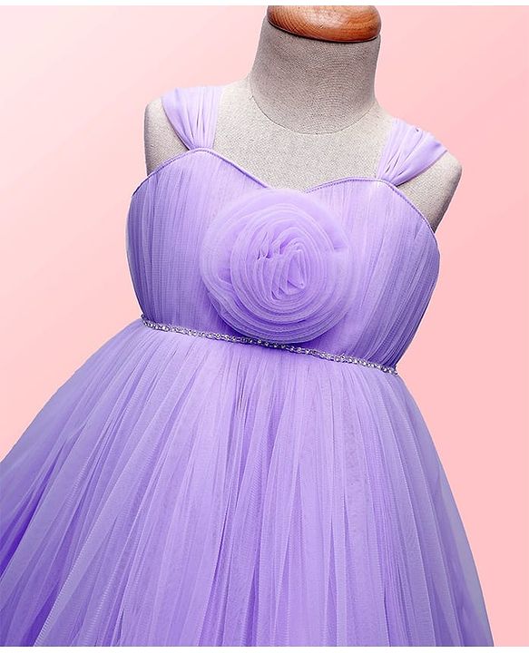 Babyhug Woven Sleeveless Solid Ruffled Mesh Party Dress With Floral Corsage - Lavender