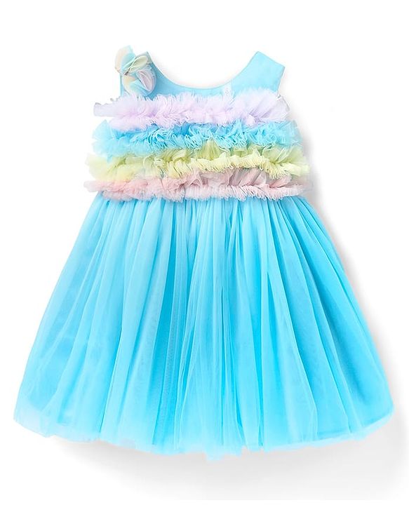 Babyhug Woven Sleeveless Party Dress With Ruffles on Yoke - Light Blue