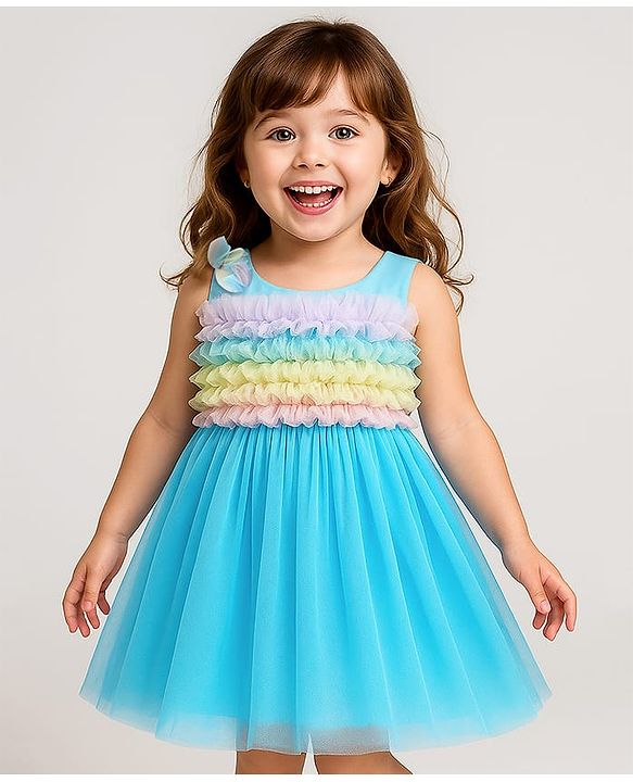 Babyhug Woven Sleeveless Party Dress With Ruffles on Yoke - Light Blue