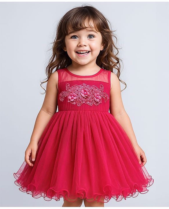 Babyhug Woven Sleeveless Mesh Party Dress with Floral Applique on Yoke - Dark Pink