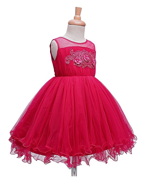 Babyhug Woven Sleeveless Mesh Party Dress with Floral Applique on Yoke - Dark Pink