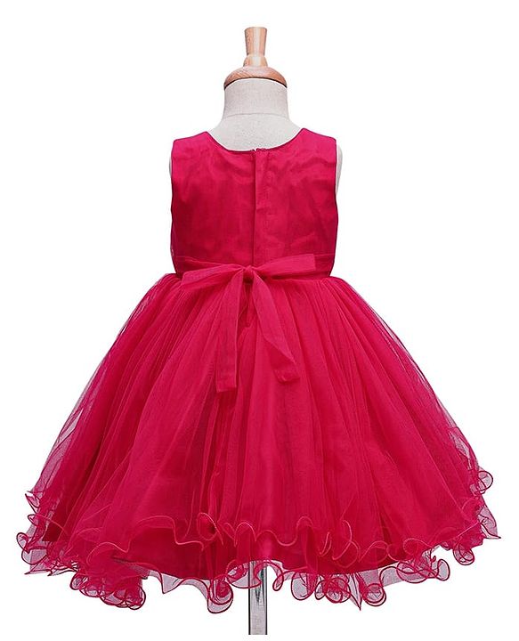Babyhug Woven Sleeveless Mesh Party Dress with Floral Applique on Yoke - Dark Pink
