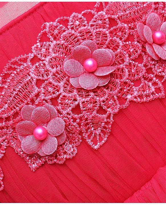Babyhug Woven Sleeveless Mesh Party Dress with Floral Applique on Yoke - Dark Pink