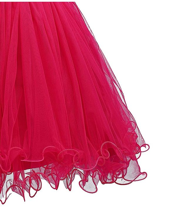 Babyhug Woven Sleeveless Mesh Party Dress with Floral Applique on Yoke - Dark Pink