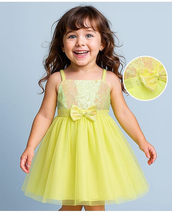 Babyhug Woven Sleeveless Fit & Flare Mesh Party Dress with Sequinned Yoke & Bow Applique - Yellow