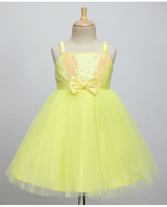 Babyhug Woven Sleeveless Fit & Flare Mesh Party Dress with Sequinned Yoke & Bow Applique - Yellow