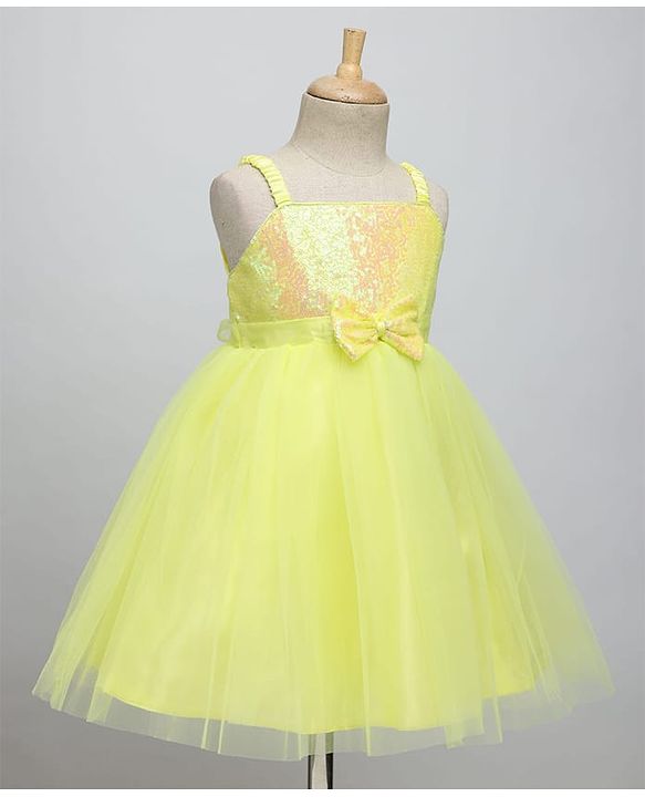 Babyhug Woven Sleeveless Fit & Flare Mesh Party Dress with Sequinned Yoke & Bow Applique - Yellow